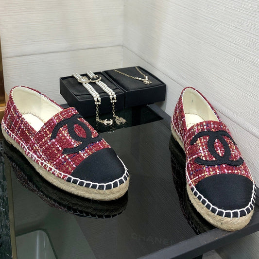 CHANEL ESPADRILLE BLACK MIX CRIMSON RED TWEED FABRIC FLATS