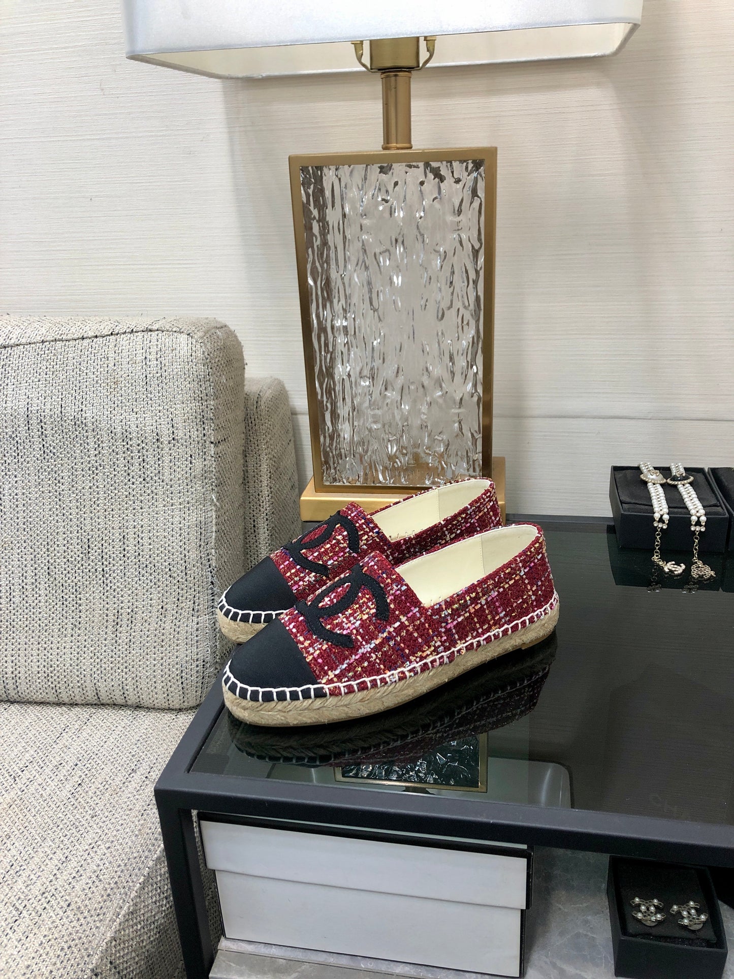 CHANEL ESPADRILLE BLACK MIX CRIMSON RED TWEED FABRIC FLATS