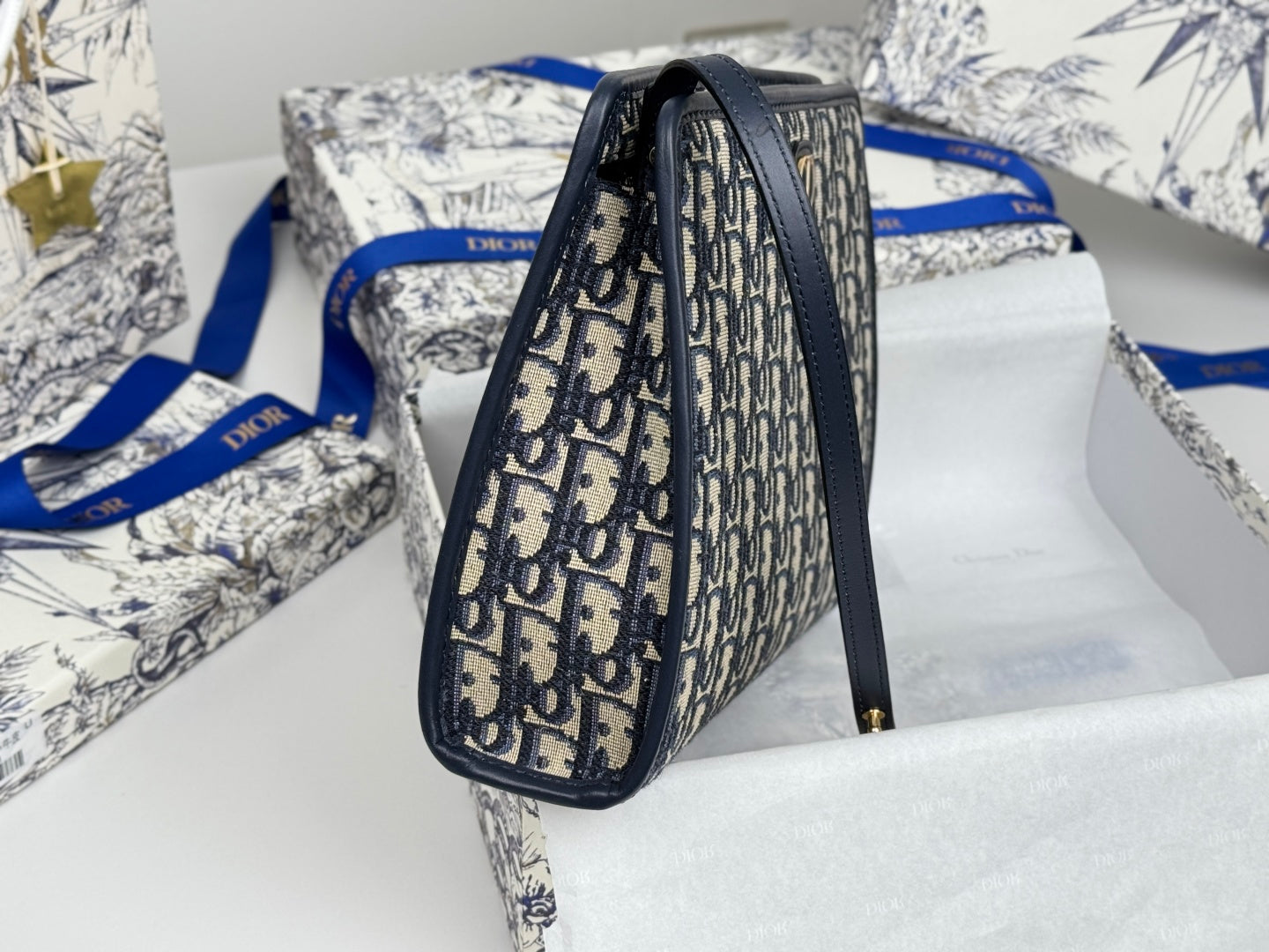 DIOR 25S 30 MONTAIGNE DEA POUCH BLUE OBLIQUE JACQUARD 26 IN CANVAS