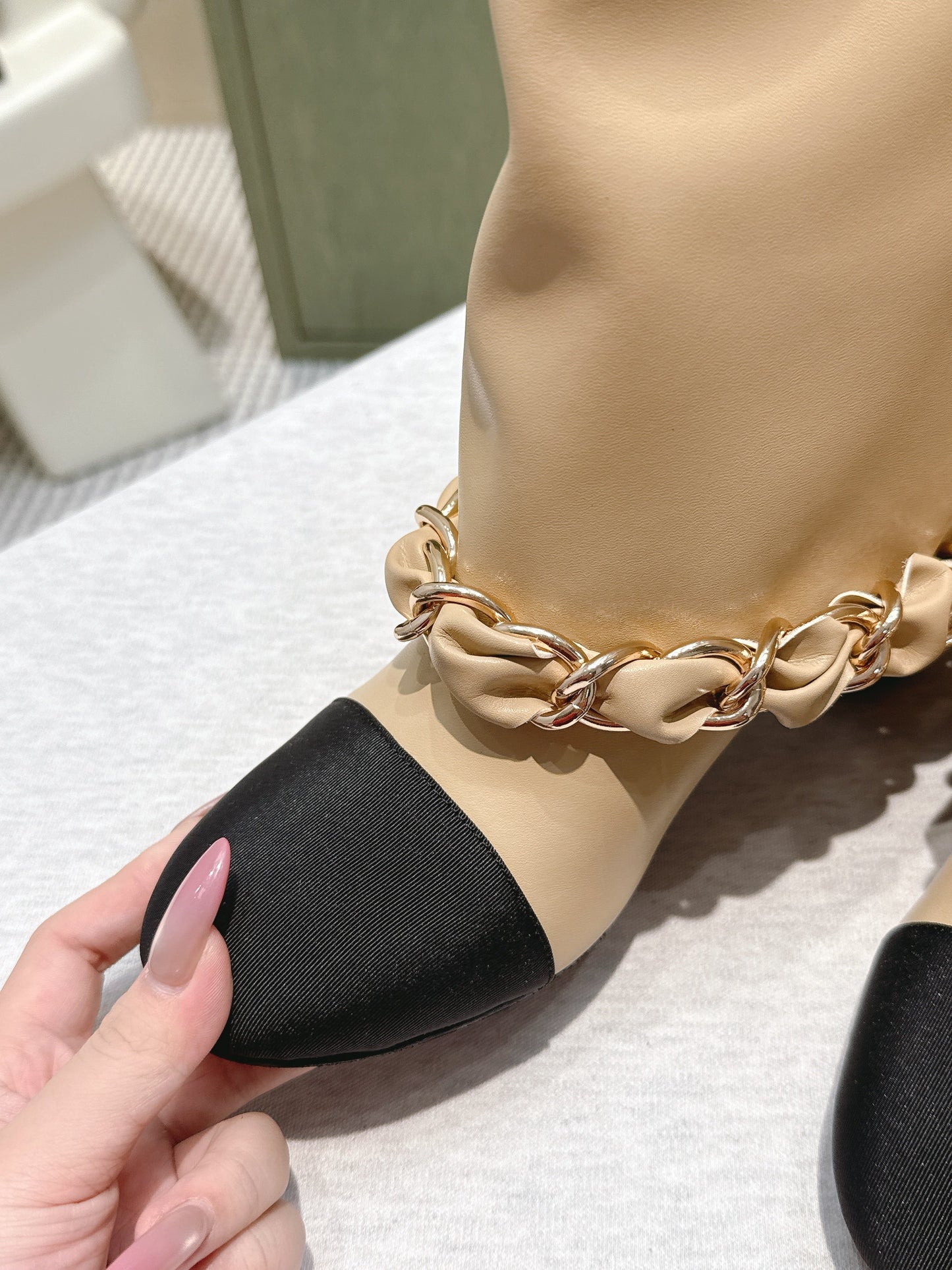 CHANEL 25S CALF-LENGTH BOOTS 45MM IN BEIGE AND BLACK CALFSKIN GOLD HARDWARE