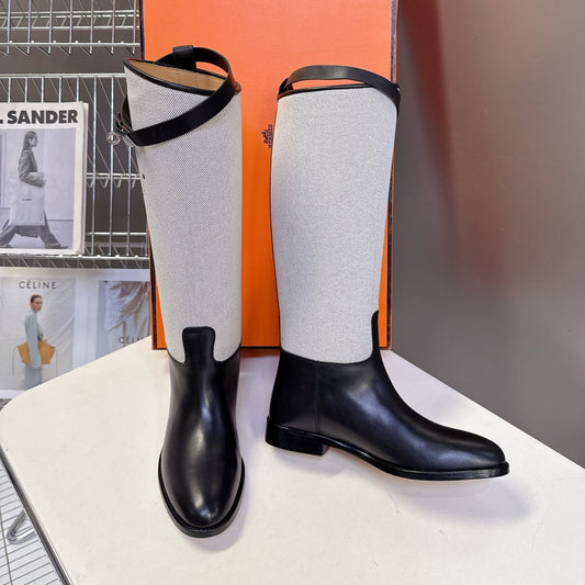 HERMES 25S JUMPING BOOT IN BLACK LAMBSKIN AND GREY CANVAS WITH SILVER HARDWARE
