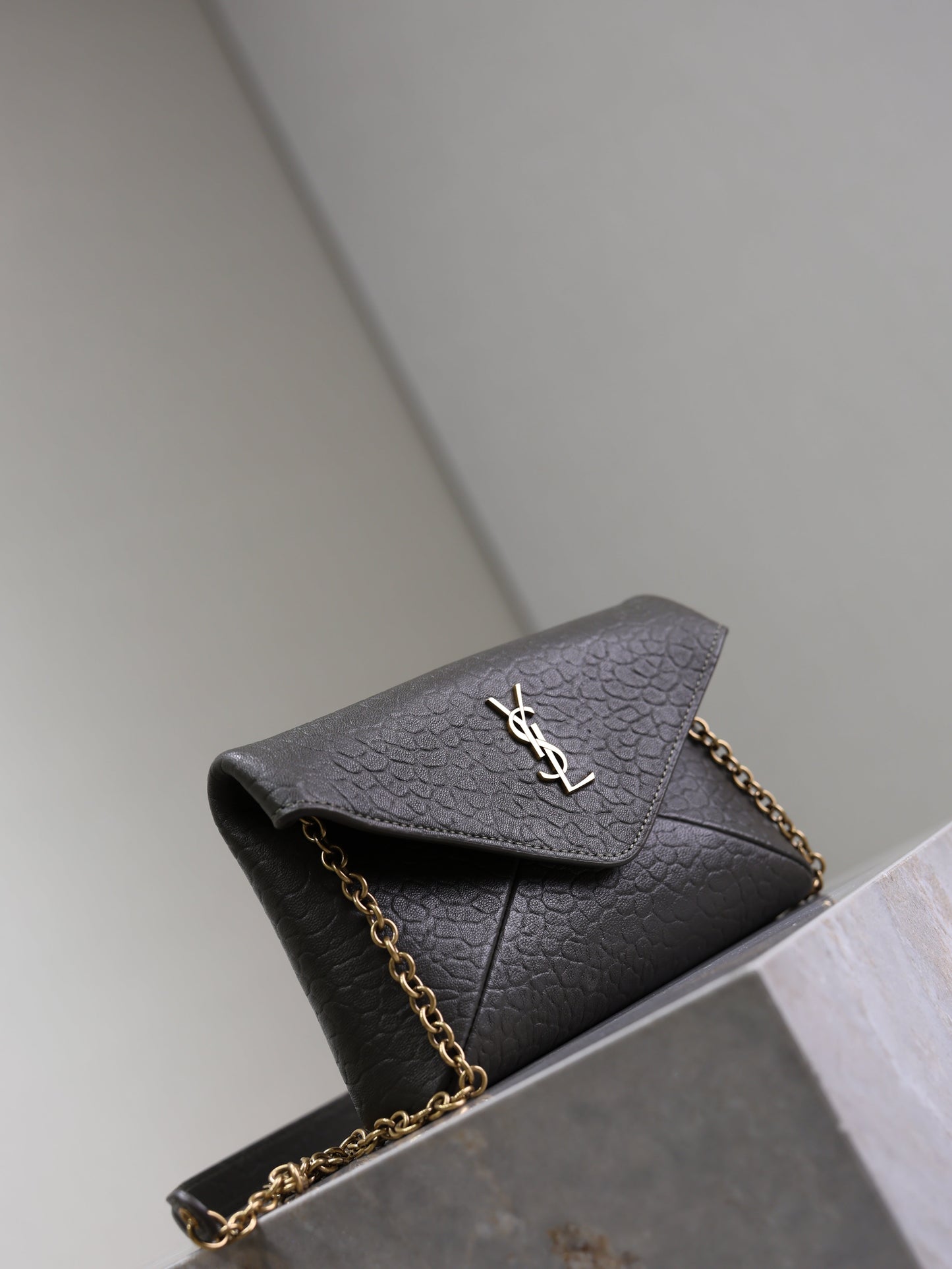 YSL 25S CALYPSO MINI 19 IN CHARCOAL GRAY LAMBSKIN GOLD HARDWARE