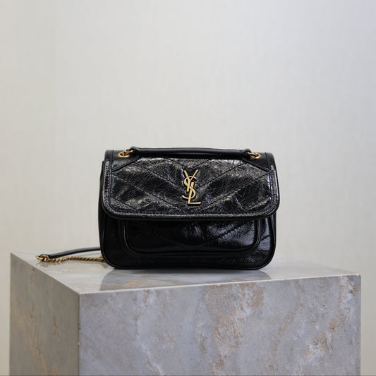 YSL 25S NIKI BAG 18 IN BLACK GLOSSY CALFSKIN GOLD HARDWARE