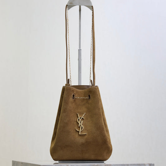 YSL 25S POCHON BAG 24 IN CARAMEL COGNAC SUEDE GOLD HARDWRE