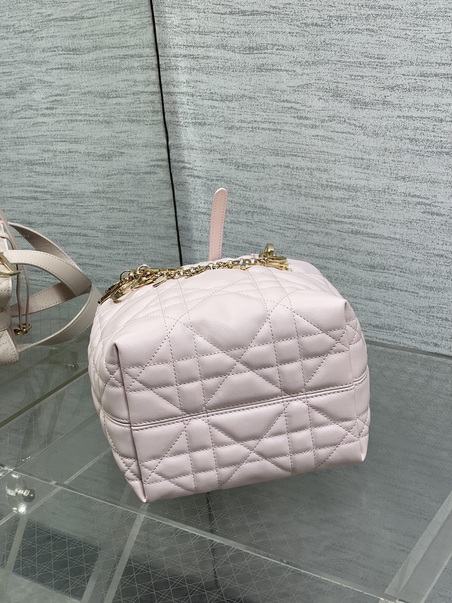 DIOR 25S TOUJOURS VERTICAL TOTE BAG 18 IN LIGHT PINK CALFSKIN WITH CHARM BRACELET STRAP