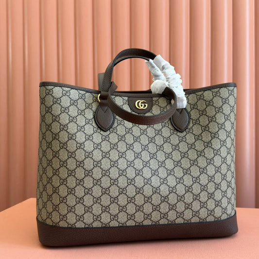 GUCCI OPHIDIA MEDIUM TOTE BAG 38.5 BEIGE CANVAS AND BROWN CALFSKIN