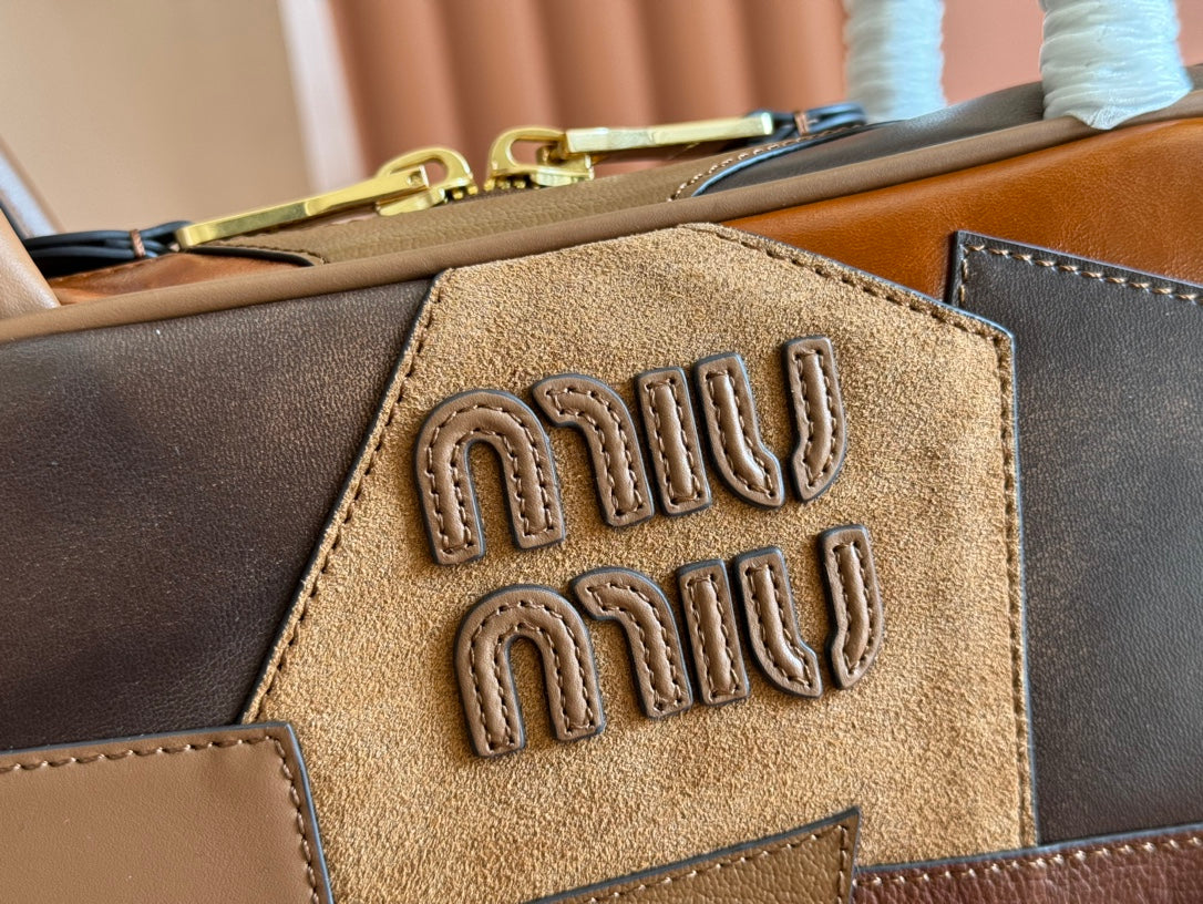 BEAU TOP HANDLE BAG 28 IN COGNAC LEATHER PATCHWORK