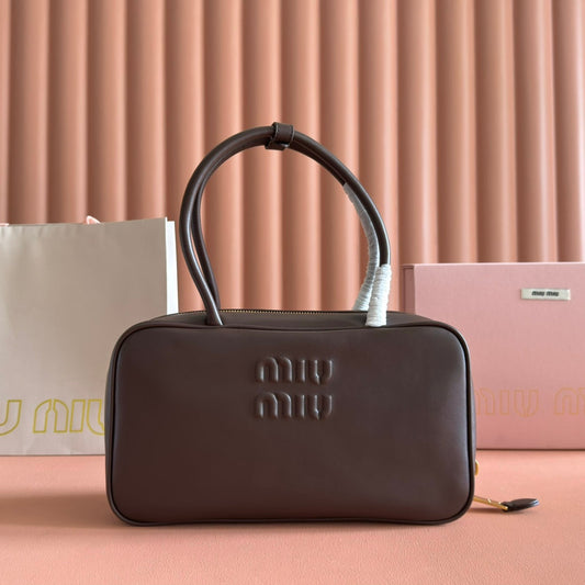 MIUMIU 26S BEAU TOP HANDLE BAG 29 IN DARK BROWN CALFSKIN GOLD HARDWARE