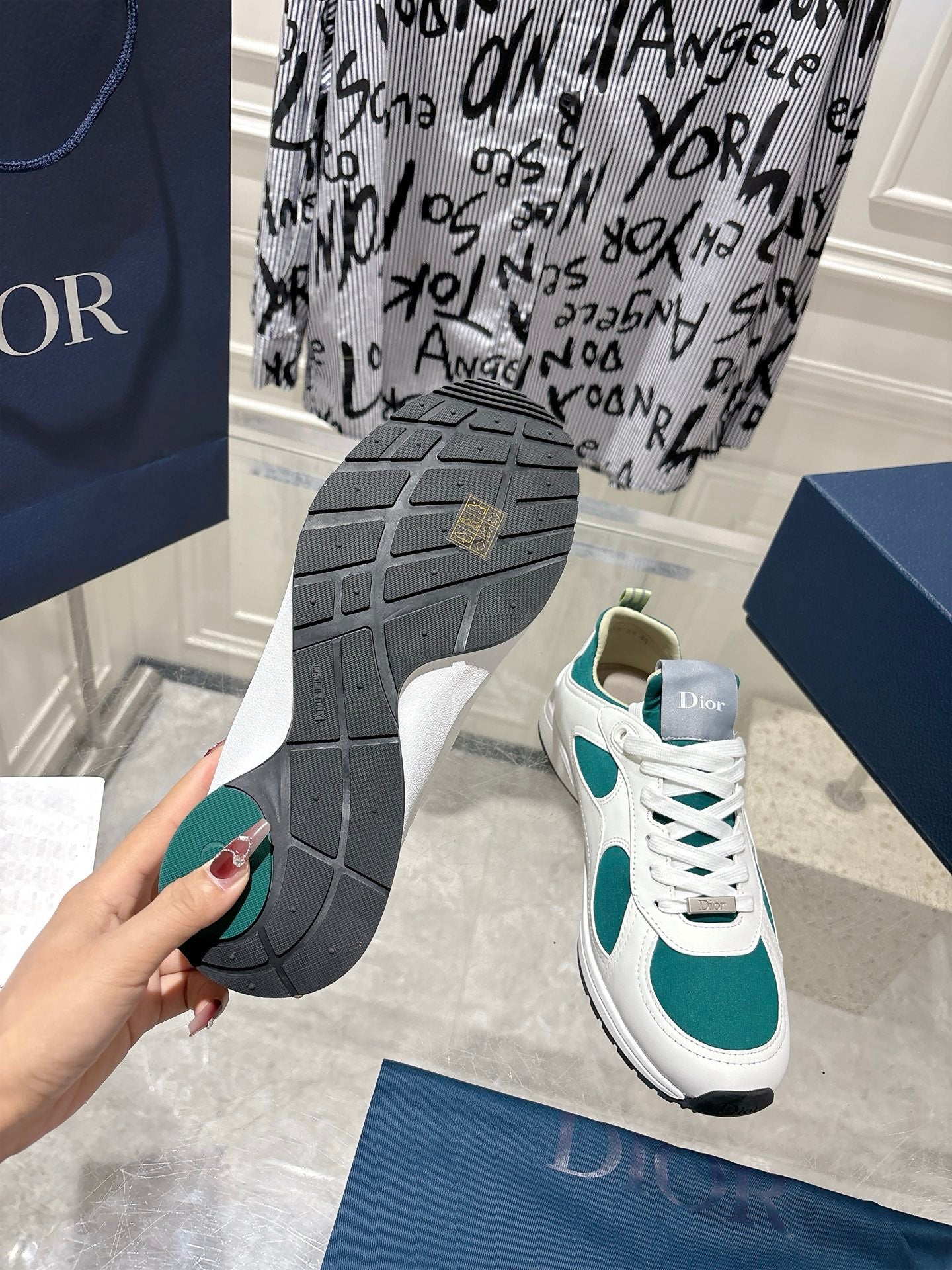 DIOR 25S MILE SERIES SNEAKERS 25MM IN WHITE DARK TEAL CALFSKIN